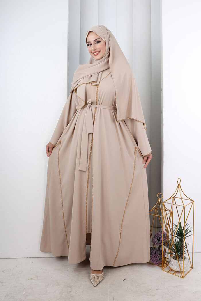 Crystal-Embellished Abaya with Matching Hijab 9205 Stone