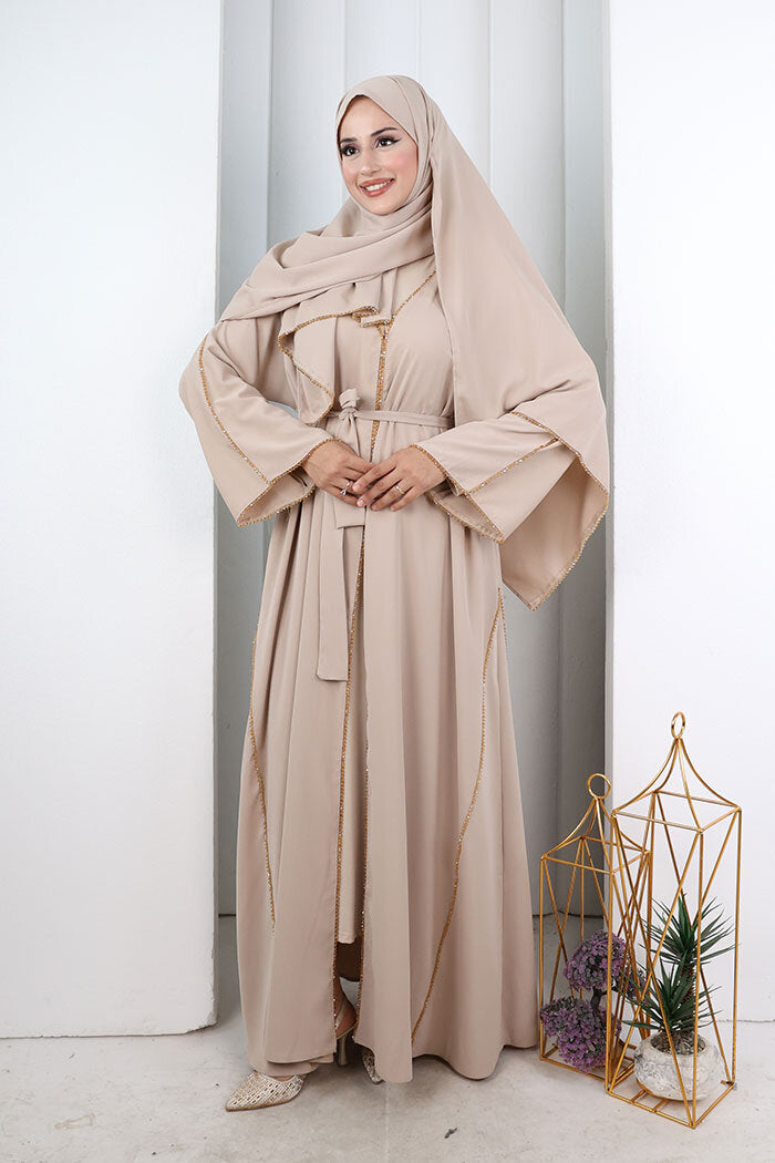 Crystal-Embellished Abaya with Matching Hijab 9205 Stone
