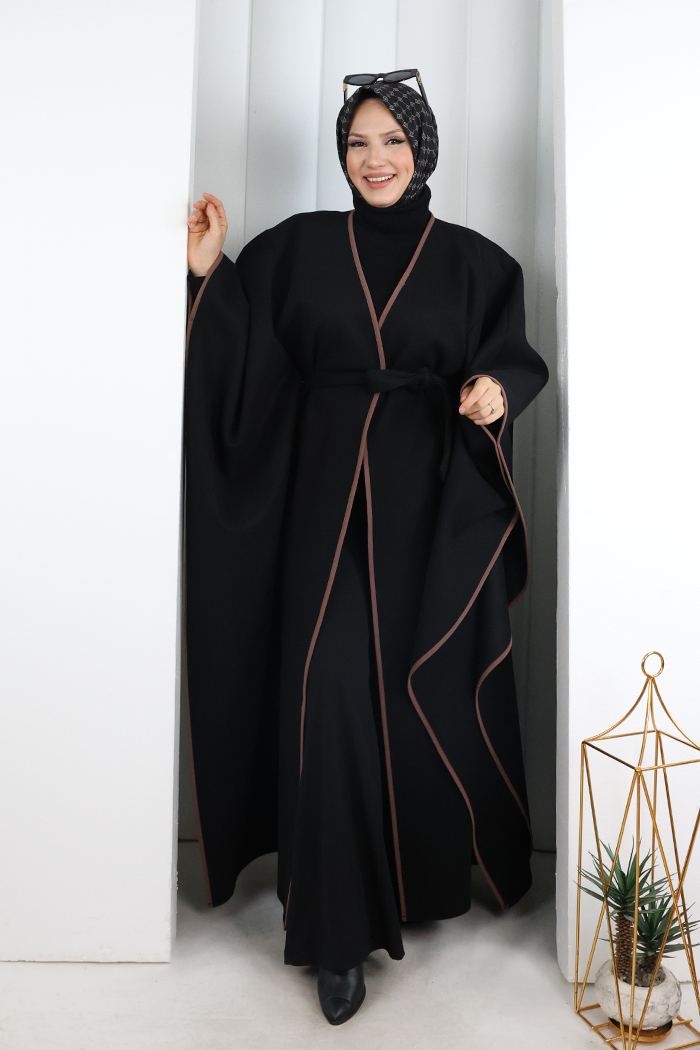 Belted Wide-Sleeve Coat-Fabric Poncho 70038 Black