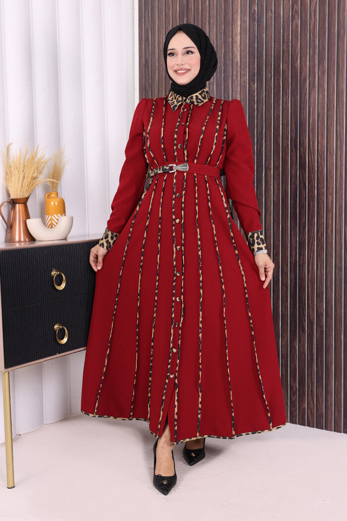 Leopard-Trim Belted Dress 3930 Burgundy - view 1
