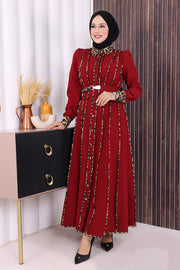 Leopard-Trim Belted Dress 3930 Burgundy - view 2