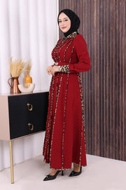 Leopard-Trim Belted Dress 3930 Burgundy - view 3