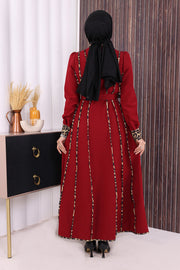 Leopard-Trim Belted Dress 3930 Burgundy - view 4