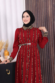 Leopard-Trim Belted Dress 3930 Burgundy - view 5