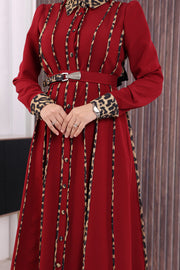 Leopard-Trim Belted Dress 3930 Burgundy - view 6