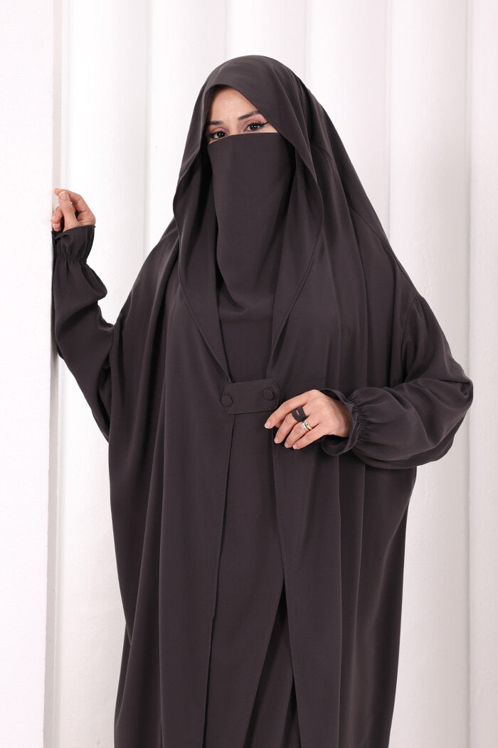 Medina-Fabric Built-In Niqab Ruffle Jilbab 6032 Charcoal