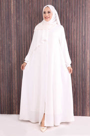 Zip-Front Gathered-Cuff Flared Abaya 6007 Ecru