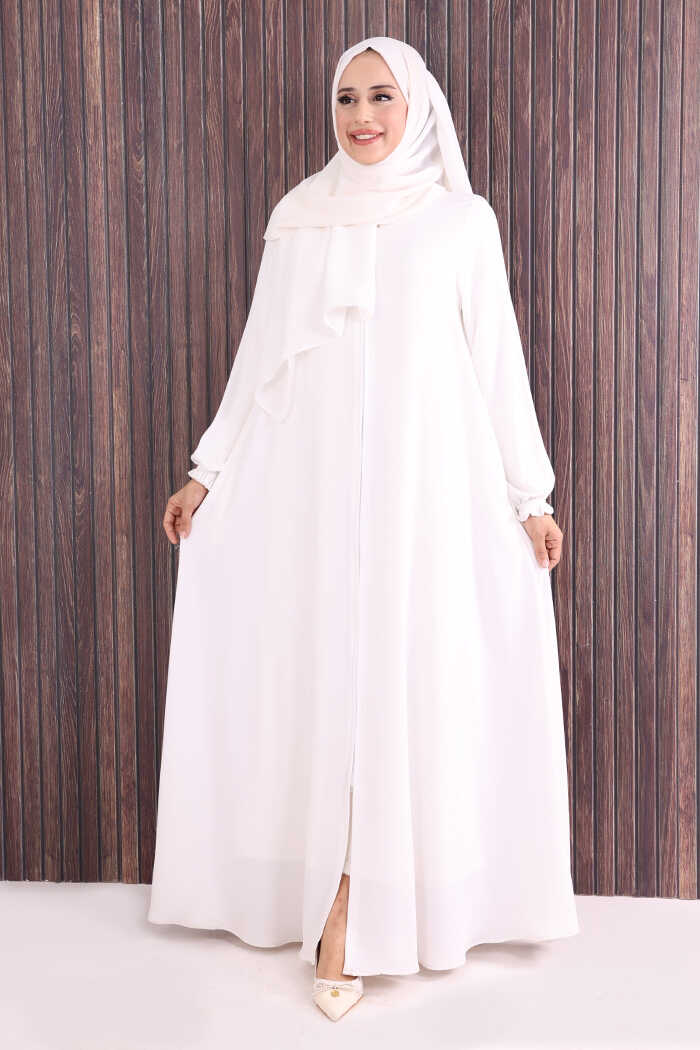 Zip-Front Gathered-Cuff Flared Abaya 6007 Ecru