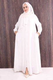 Zip-Front Gathered-Cuff Flared Abaya 6007 Ecru - view 2