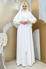 Zip-Front Gathered-Cuff Flared Abaya 6007 Ecru - view 7