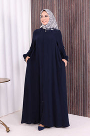 Zip-Front Gathered-Cuff Flared Abaya 6007 Navy