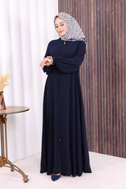 Zip-Front Gathered-Cuff Flared Abaya 6007 Navy - view 2