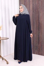 Zip-Front Gathered-Cuff Flared Abaya 6007 Navy - view 3