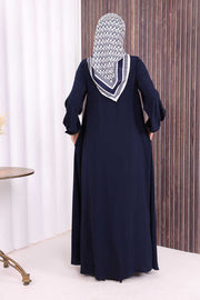 Zip-Front Gathered-Cuff Flared Abaya 6007 Navy - view 4