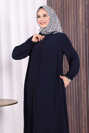 Zip-Front Gathered-Cuff Flared Abaya 6007 Navy - view 5
