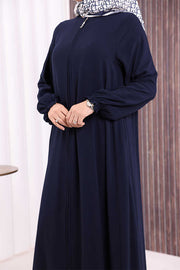 Zip-Front Gathered-Cuff Flared Abaya 6007 Navy - view 6