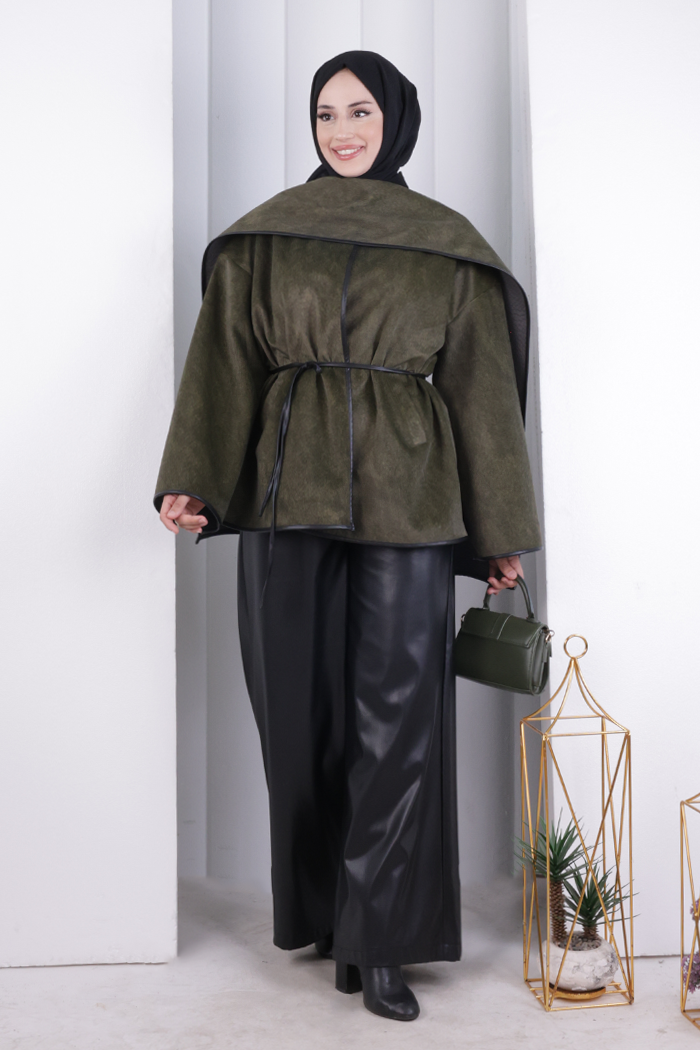 Cape Detail Belted Jacket 1207 Khaki