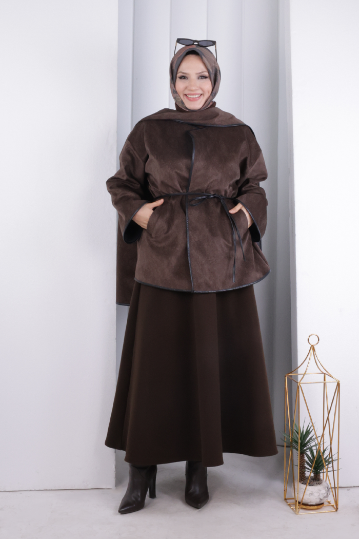 Cape Detail Belted Jacket 1207 Brown