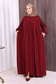 Button-Front Abaya with Pockets 6022 Burgundy - view 1