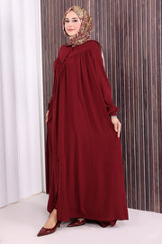 Button-Front Abaya with Pockets 6022 Burgundy - view 3