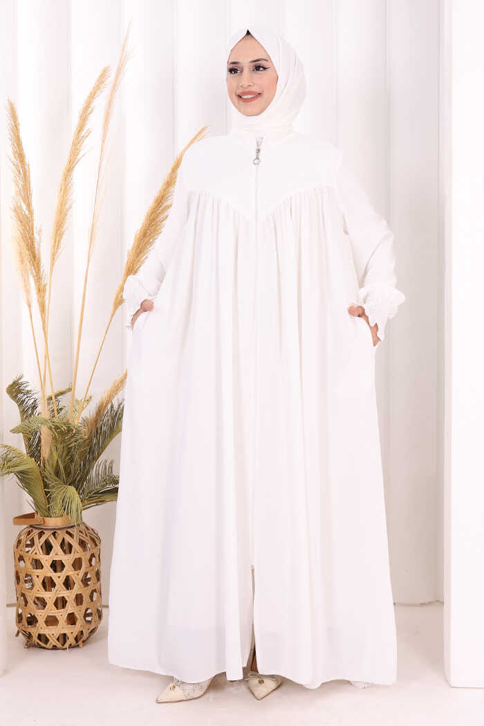 Yoke Detail Abaya with Shawl 7056 Ecru
