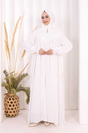 Yoke Detail Abaya with Shawl 7056 in Ecru, view 2