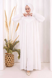 Yoke Detail Abaya with Shawl 7056 in Ecru, view 3