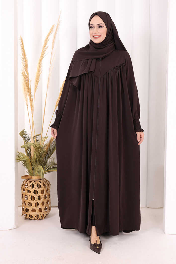 Yoke Detail Abaya with Shawl 7056 Brown