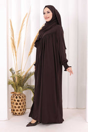Yoke Detail Abaya with Shawl 7056 in Brown, view 3