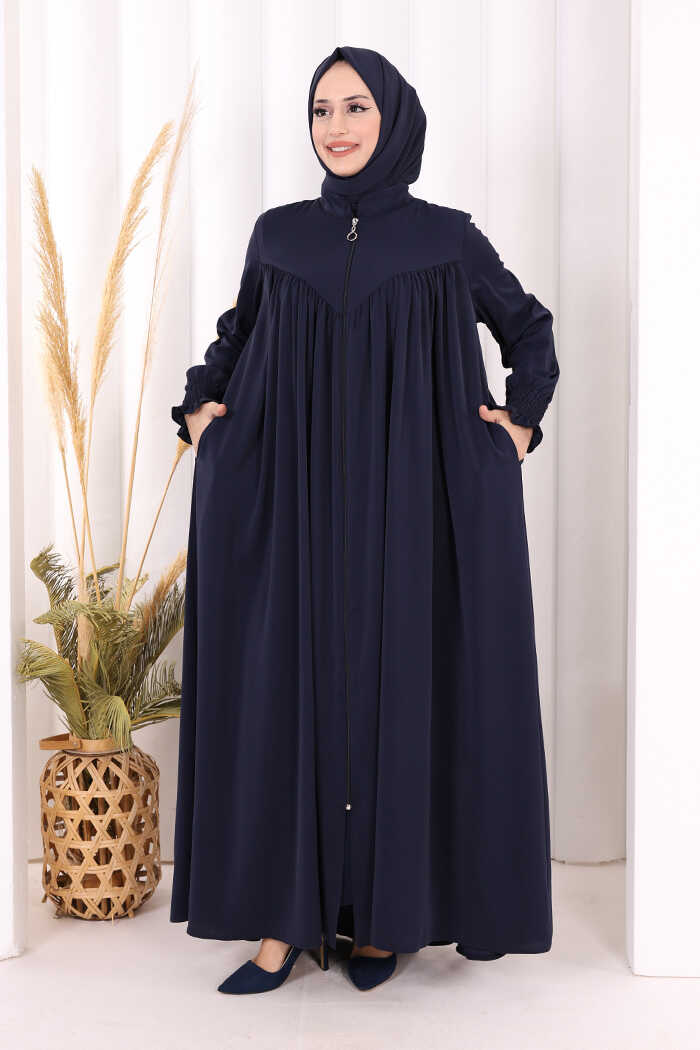 Yoke Detail Abaya with Shawl 7056 in Navy, view 1