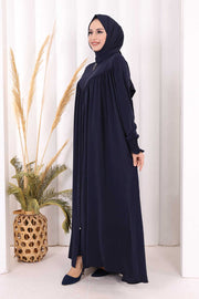 Yoke Detail Abaya with Shawl 7056 in Navy, view 3