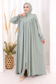 Yoke Detail Abaya with Shawl 7056 in Mint, view 2