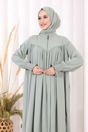 Yoke Detail Abaya with Shawl 7056 in Mint, view 5