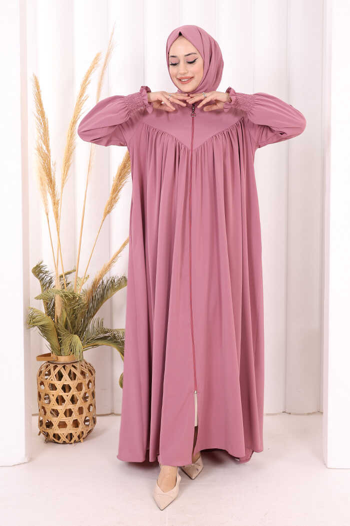 Yoke Detail Abaya with Shawl 7056 Powder Pink