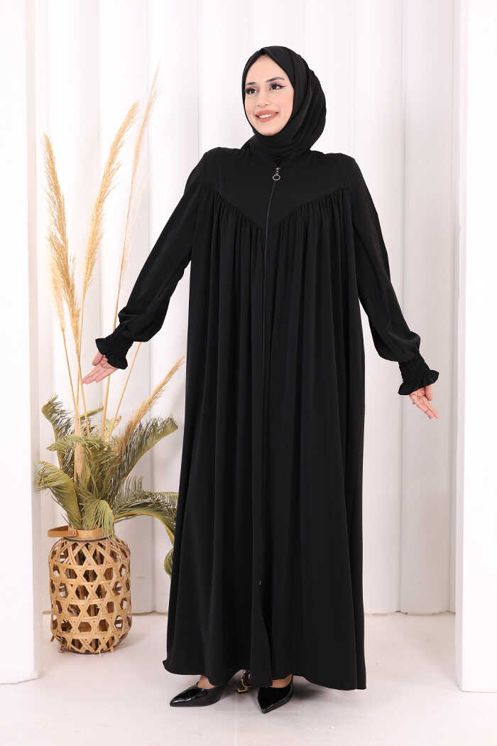 Yoke Detail Abaya with Shawl 7056 in Black, view 1