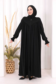 Yoke Detail Abaya with Shawl 7056 in Black, view 1