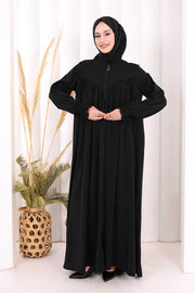 Yoke Detail Abaya with Shawl 7056 in Black, view 2