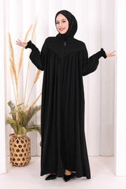 Yoke Detail Abaya with Shawl 7056 in Black, view 3
