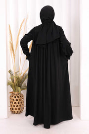 Yoke Detail Abaya with Shawl 7056 in Black, view 5