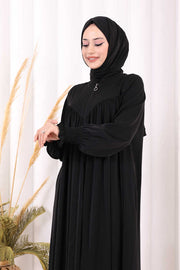 Yoke Detail Abaya with Shawl 7056 in Black, view 6