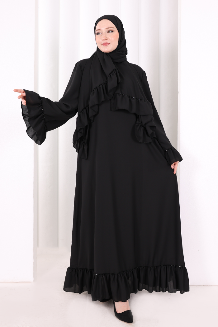Ruffled Dress with Matching Hijab 6085 Black