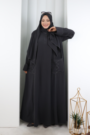 Decorative-Stitch Dress with Matching Hijab 7015 Charcoal