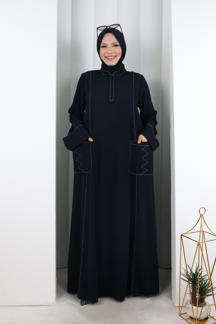 Decorative-Stitch Dress with Matching Hijab 7015 Navy