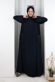 Decorative-Stitch Dress with Matching Hijab 7015 Navy