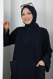 Decorative-Stitch Dress with Matching Hijab 7015 Navy