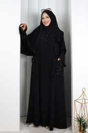 Decorative-Stitch Dress with Matching Hijab 7015 Black
