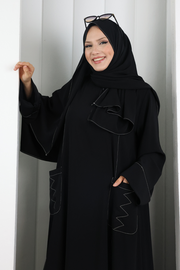 Decorative-Stitch Dress with Matching Hijab 7015 Black
