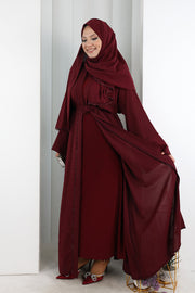Crystal-Detailed Abaya with Matching Hijab 7096 Burgundy - view 2