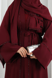 Crystal-Detailed Abaya with Matching Hijab 7096 Burgundy - view 4