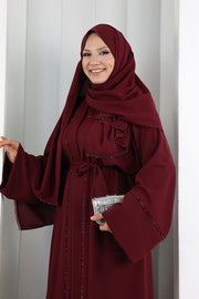 Crystal-Detailed Abaya with Matching Hijab 7096 Burgundy - view 5